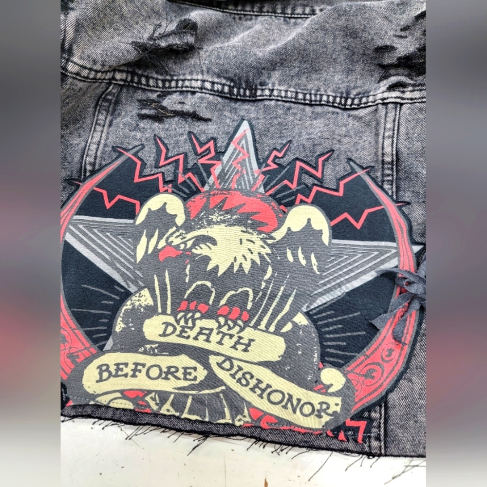 Rock Gothic Jean Jacket With Ed Hardy Eagle Graphics Upcycled Renewed - Picture 11 of 12